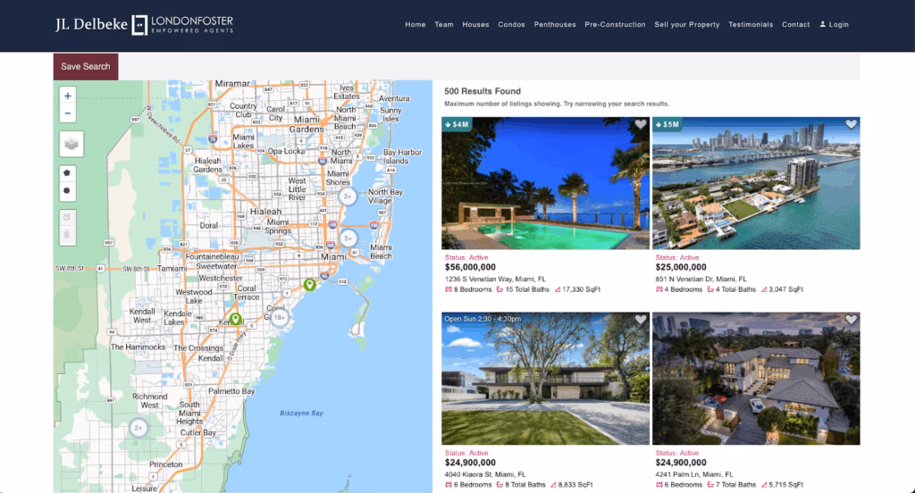 Screenshot of the search page on JL Delbeke of London Foster in Miami Beach, Florida