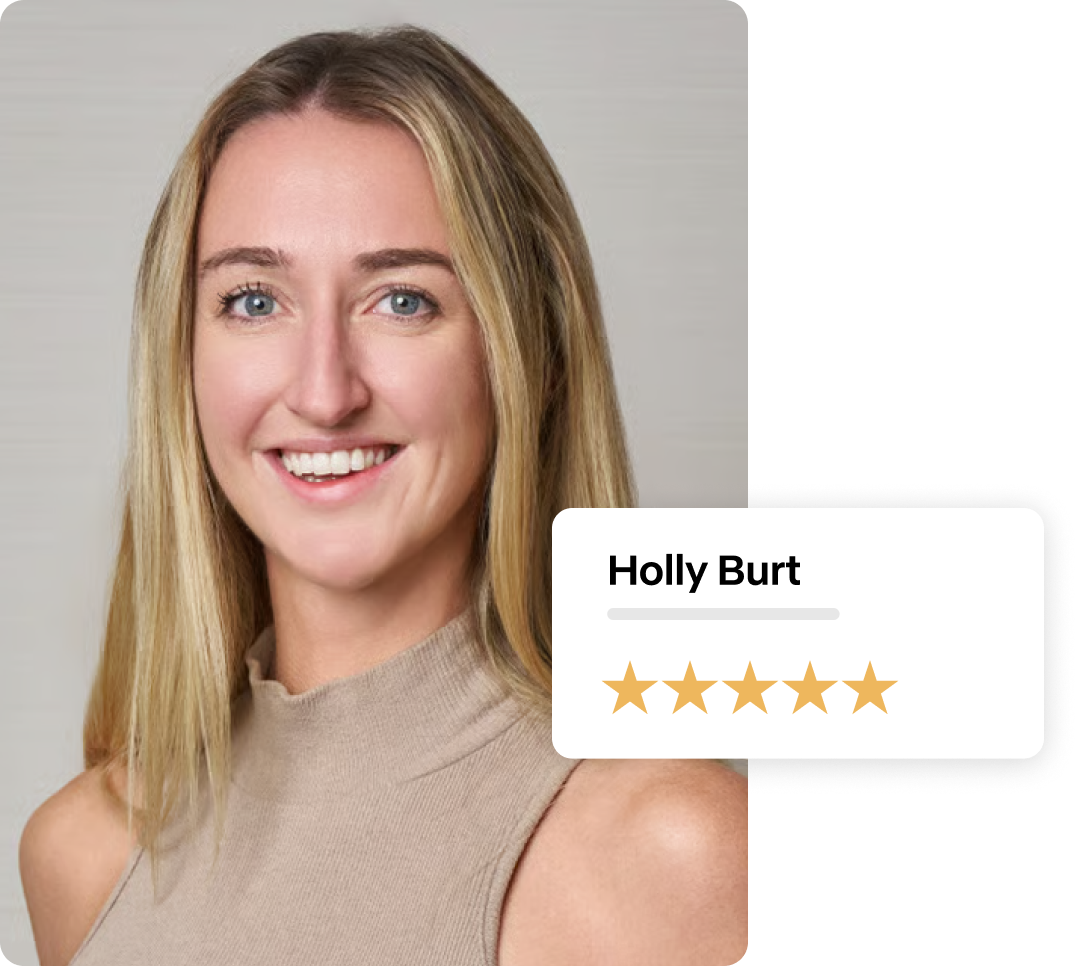 Headshot of Better Homes and Gardens Real Estate Lifestyles Realty marketing lead Holly Burt next to a five-star rating box