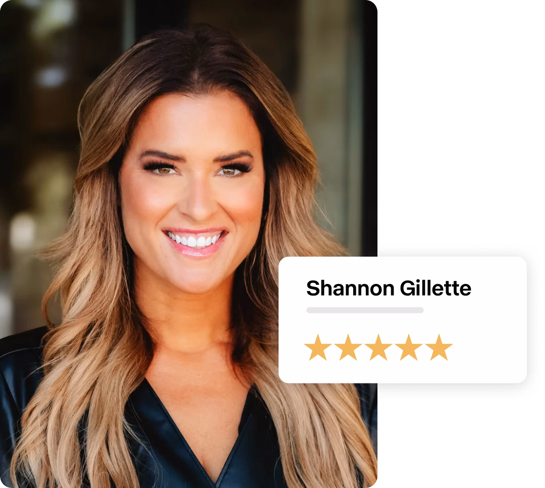 Shannon Gillette's headshot next to a review rating of five gold stars