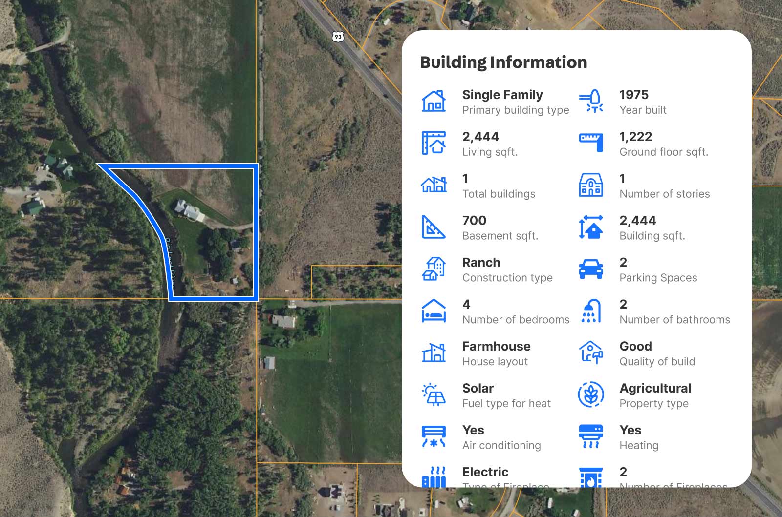 Land id map showing a highlighted property boundary with a panel displaying building information including square footage, year built, bedrooms, bathrooms, and construction details.