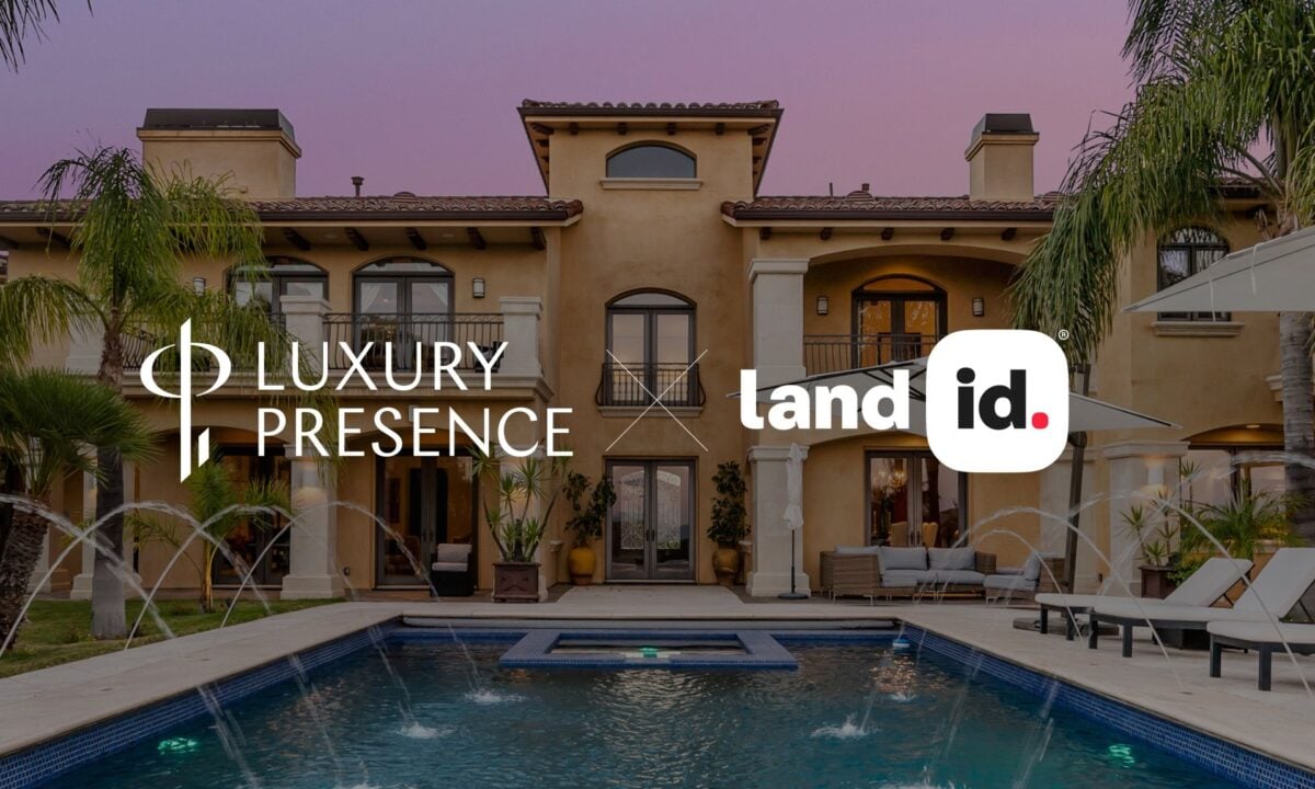 Luxury Presence partners with Land id to bring interactive, data-layered maps to custom real estate websites, shown over a luxury home backdrop.