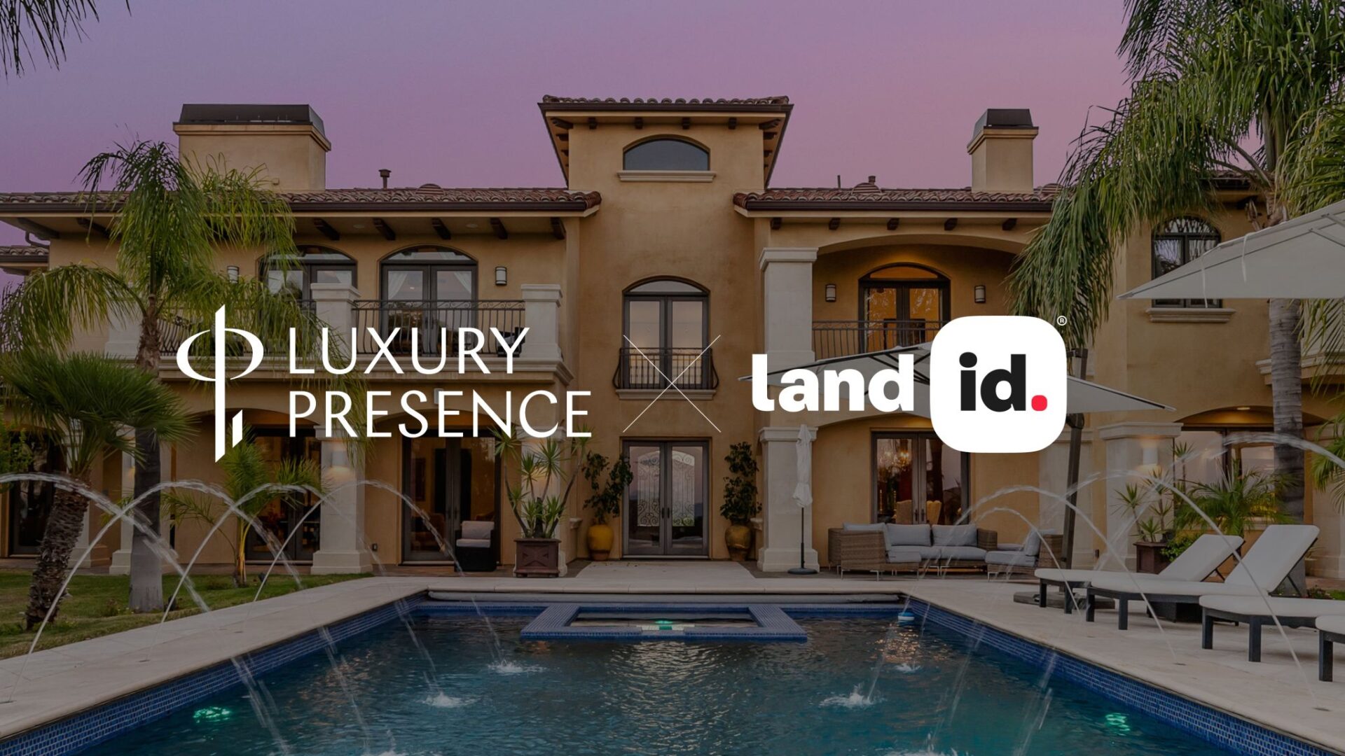 Luxury Presence partners with Land id to bring interactive, data-layered maps to custom real estate websites, shown over a luxury home backdrop.