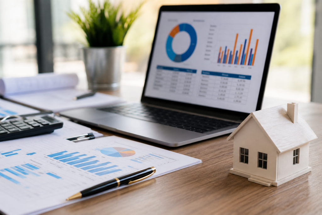 a laptop sits on a desk showing real estate marketing statistics for 2026