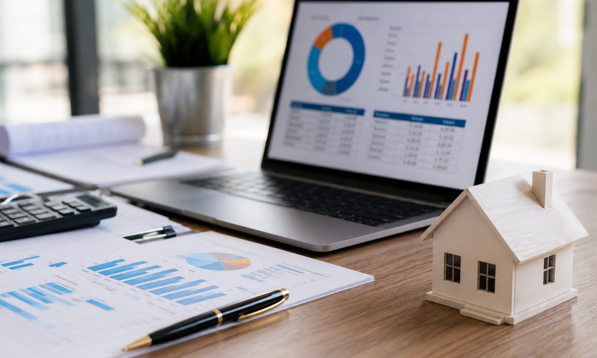 a laptop sits on a desk showing real estate marketing statistics for 2026